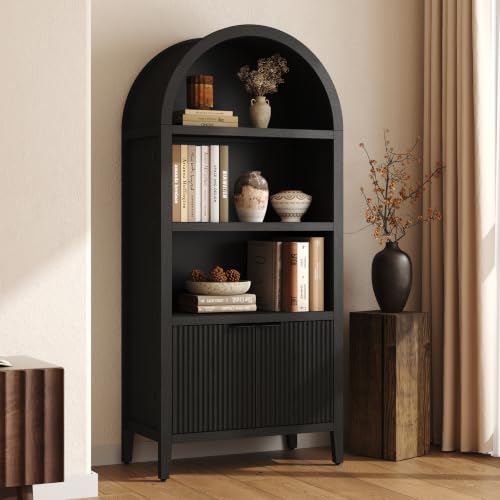 Yusong 71" Tall Arched Bookcase, 5-Tier Arched Bookshelf, Black Bookshelf, Arch Cabinet Display Cabinet with Fluted Doors and Shelves, Modern Farmhouse Kitchen Pantry for Living Room Bedroom - color: Black, size: 71" H