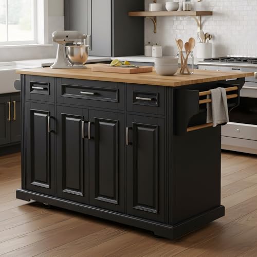 Large Kitchen Island with Rubber Wood Drop Leaf, Rolling Kitchen Cart with Ample Storage on Wheels with Doors and Drawers, Embossed Texture for Dining Room (Black, Silver Handle, 54Inch) - color: Black, size: 54 Inch