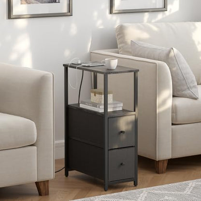 TUTOTAK Small Narrow End Table with Charging Station, Set of 2, Side Table with Outlets, Nightstand with 2 Cloth Drawers, Couch Table, for Living Room, Bedroom, Bedside, Charcoal Grey TB01BY055 - color: Charcoal Grey, style: 2 Drawers & Plug