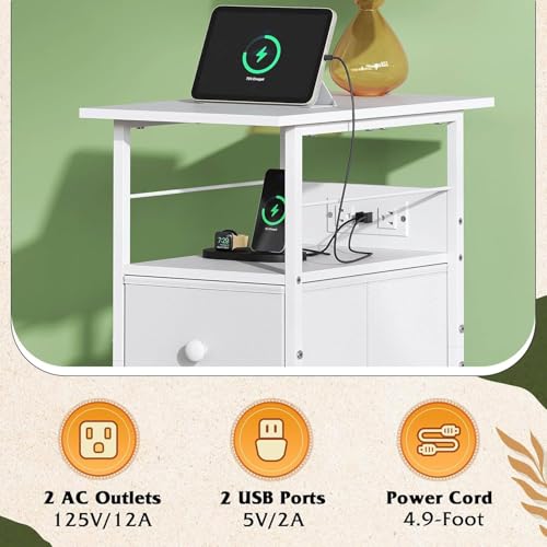 WLIVE Nightstand Set of 2 with Charging Station, End Table Sets with LED Lights, 2 Fabric Drawers and Open Shelf, Bed Side Tables Living Room, Small Space, Night Stand for Bedroom，White - color: White, size: 2 Drawers