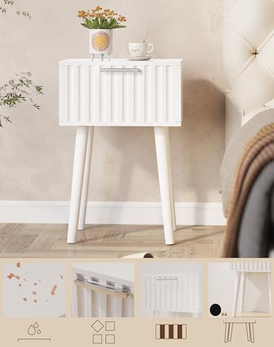 YMYNY Fluted Nightstand Set of 2, Small End Table, Modern Coffee Table with Drawer, Solid Wood Legs, Retaining Chain, 13.8" x 10.6" x 20.9", for Bedroom and Small Spaces, White UHST014W-2 - color: White
