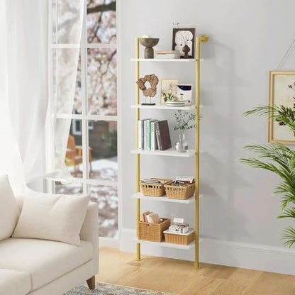 Acovy 5-Tier Bookshelf Solid Wood Ladder Shelf, Narrow Book Shelf Display Shelf, Wooden Bookcase, Wall Mount Ladder Shelf, Storage Rack for Living Room, Bedroom, Bathroom, White and Gold - color: White&gold