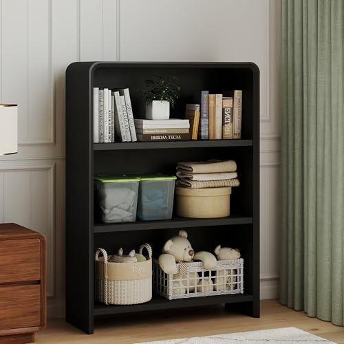 Bevfint 44" Tall 3 Shelves Wood Bookshelf with Curved Soft Edges, Heavy Duty Storage Cabinet for Professional Home Office and Living Room, Modern Black Grain Finish - color: Black Grain, size: 3-Tier Bookcase