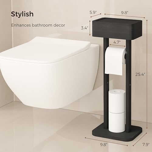 4-in-1 Black Toilet Paper Holder Stand with Storage Shelf Box, 360° Rotating Bamboo Free Standing Toilet Tissue Roll, Toilet Wipes Dispenser Organizer, Temporary Desktop for Bathroom (Patent) | 360° Rotating Bamboo Free Standing Toilet Tissue Roll, Toilet