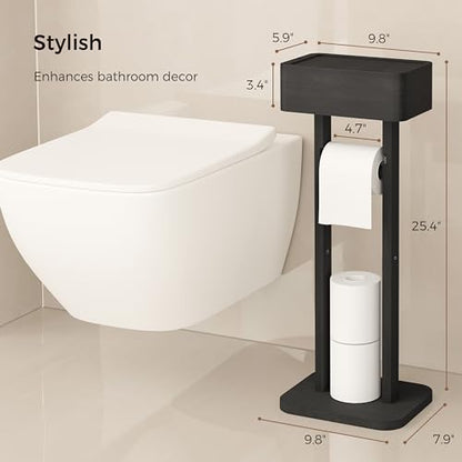 4-in-1 Black Toilet Paper Holder Stand with Storage Shelf Box, 360° Rotating Bamboo Free Standing Toilet Tissue Roll, Toilet Wipes Dispenser Organizer, Temporary Desktop for Bathroom (Patent) | 360° Rotating Bamboo Free Standing Toilet Tissue Roll, Toilet