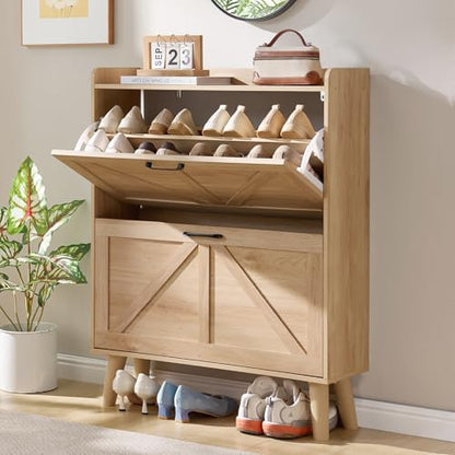 LEYAOYAO Shoe Cabinet Storage for Entryway with 2 Flip Drawers Rack Narrow Organizer Slim Hidden Wood Shoe Cabinet Furniture Natural - color: Natural