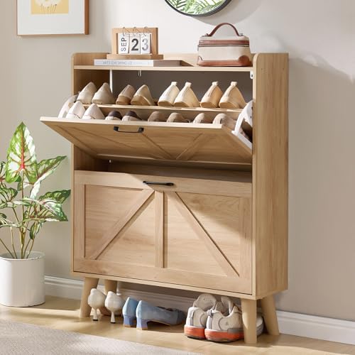 LEYAOYAO Shoe Cabinet Storage for Entryway with 2 Flip Drawers | Rack Narrow Organizer Slim Hidden Wood Shoe Cabinet Furniture - color: Natural