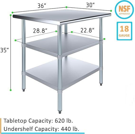 Stainless Steel Work Table with Double Undershelf – Commercial Kitchen Prep Table for Restaurant, Bakery, Utility – NSF Certified (30 x 36) - size: 30x36
