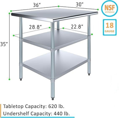 Stainless Steel Work Table with Double Undershelf – Commercial Kitchen Prep Table for Restaurant, Bakery, Utility – NSF Certified (30 x 36) - size: 30x36