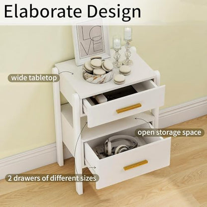 Nightstand with 2 Drawers and Open Shelf Wooden Bedside Table Gold Handles Modern Storage Night Stand Sensor Light for Bedroom, White - color: White
