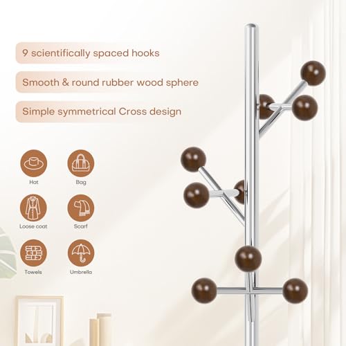 Coat Rack Freestanding Metal Coat Tree with 9 Rubber Wood Hooks | Heavy Duty Standing Coat Rack, Stainless Steel Marble Base, Coat Hanger Stand for Bedroom Entryway Hallway, Hat, Bags - color: B
