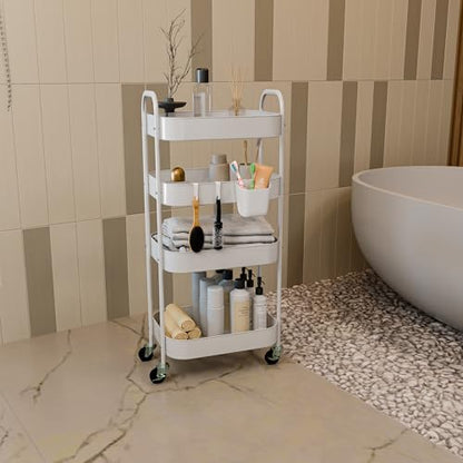4-Tier Metal Rolling Cart with Wheels, Storage Utility Organizer Cart for Kitchen, Bathroom, Office, Baby Essentials & Makeup - Lockable Casters, Easy Assembly, Large Capacity, White