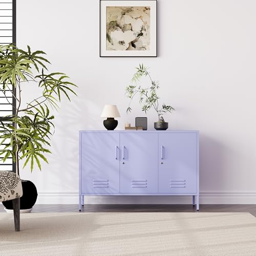 32" Wide 3-Door Lockable Metal Storage Cabinet with Accent Cabinet Locker, Heavy Duty Home Tool Cabinet, 2 Removable Shelves & Easy Assembly, for Home, Office, Entryway and Hallway Purple - color: Lilac, style: Cabinet-32"H-WL