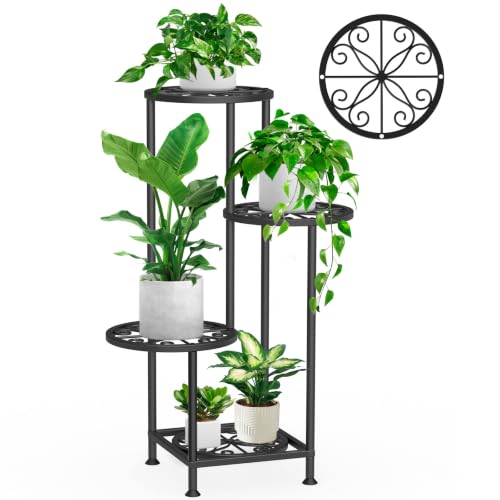 4 Tier Plant Stand Indoor Outdoor, Tall Metal Corner Flower Shelf Holder for Multiple Plants, Space-Saving Rustproof Plant Display Rack for Patio Balcony Garden Living Room Porch, Black - color: Metal Black-4