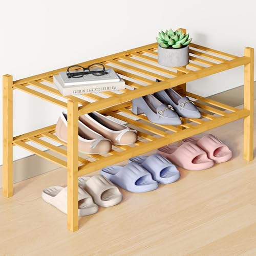 Smiry Bamboo Shoe Rack for Closet, 2 Tier Wooden Shoe Organizer, Stackable Wood Shoe Storage Shelf for Entryway, 14 Vertical Slats, One-piece Heavy-Duty Legs, 26.77"x11.02"x12.99", Natural - color: Natural, size: 2 Tier - Medium