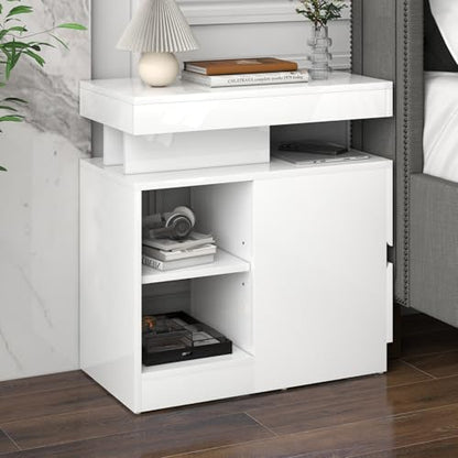 OC Orange-Casual LED End Table with Power Outlet, High Glossy Sofa Side Table, Small Nightstand with Drawer and Storage Cabinet, Narrow Side Table with Charging Station for Living Room (1,White) - color: White