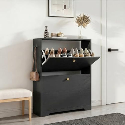 Nicetree Shoe Cabinet with 2 Flip Drawers, Narrow Shoe Organizer Cabinet, Freestanding Shoe Rack Cabinet, Modern Shoe Storage Cabinet for Entryway, Hallway, Foyer, Black with Hook - color: Black, style: 2-Drawers with Hook