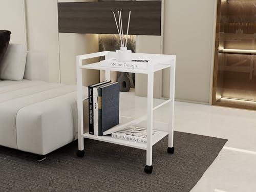 2-Tier Rolling Utility Cart with White Shelves and White Metal Frame, Industrial Mobile Storage Trolley on Wheels for Kitchen, Office, Bathroom, Living Room