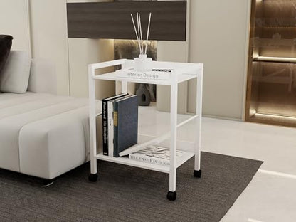 2-Tier Rolling Utility Cart with White Shelves and White Metal Frame, Industrial Mobile Storage Trolley on Wheels for Kitchen, Office, Bathroom, Living Room