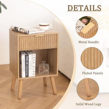 Fultyle Night Stand with Drawer, Mid Century Nightstand with Storage, Modern Fluted Bedside Table Bedroom Living Room for Small Space, Office (Rustic Walnut) - color: Rustic Walnut