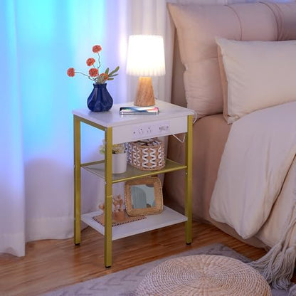HOOBRO Side Tables Set of 2 with Charging Station and USB Port, Small End Tables for Small Space, 3-Tier Nightstands with Adjustable Shelf, for Living Room, Bedroom, White and Gold DW112BZP201G1 - color: White + Gold