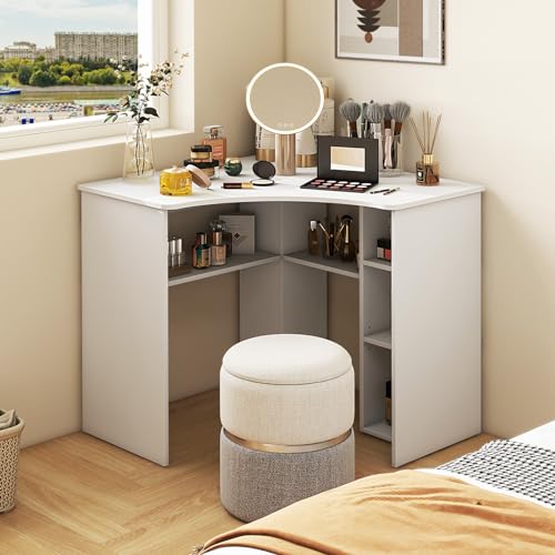 Small Corner Desk with Storage, Triangle Corner Gaming Desk with Adjustable Shelves, Compact Vanity Desk, L-Shaped Corner Computer Desk for Small Space, Bedroom, Living Room (White)
