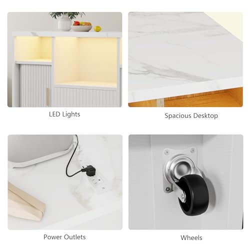 Kitchen Island with Storage, Island Table for Kitchen with Power | Outlet & LED Light, Coffee Cart on Wheels Rolling Buffet Cabinet with Fluted Sliding Door, 2 Drawers, Large Countertop, White - color: White