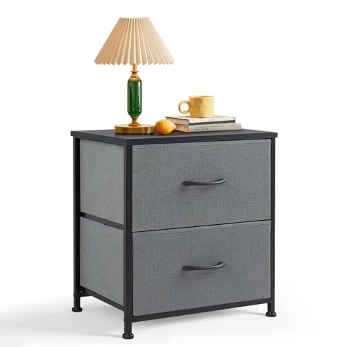Nightstand, Small 2 Drawer Dresser End Table Bedside Furniture, Wooden Top Fabric Bins for Bedroom, Closet, Entryway, Dorm, 11.8" D x 18" W x 20", Gray - color: Grey