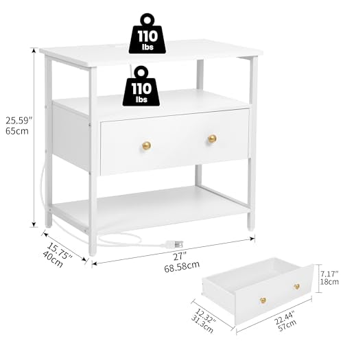 Edbuosy 27 Inch Wide Night Stand with Charging Station, Wood Nightstand with Open Shelf, Large Drawer Bedside Table for Living Room/Bedroom/Office, White - color: White, size: 27"W-1 Drawer