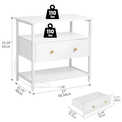Edbuosy 27 Inch Wide Night Stand with Charging Station, Wood Nightstand with Open Shelf, Large Drawer Bedside Table for Living Room/Bedroom/Office, White - color: White, size: 27"W-1 Drawer