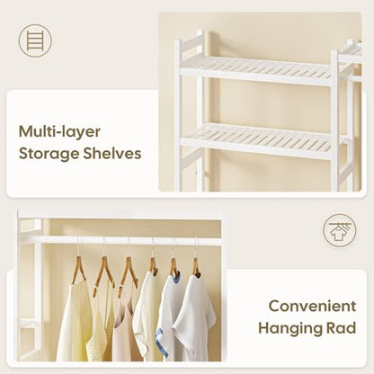Cozivolife Over The Washer and Dryer Storage Shelf Bamboo,5 Tiers Laundry Room Drying Rack with Adjustable Shelves and 4 Hooks,Space Saver Organizer for Hanging Clothes and Towels (White) - color: White