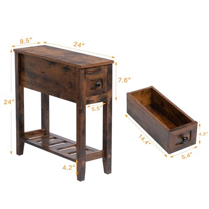 Brown 2 Pack Chairside Narrow End Table with Drawer, Solid Recliner Side Table with Storage Shelf, Slim Nightstand Bedside Table for Bedroom - size: 2 set brown