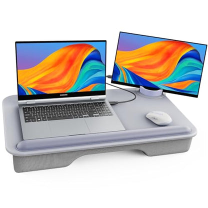 SAIJI Laptop Lap Desk with External Monitor Holder Fits Up to 17" Laptops | Lightweight Lap Tray Table Stand with Soft Leather Wrist Rest, Lap Desk with Cushion for Home Office Working On Couch & Bed - color: Light Gray