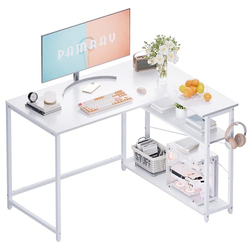Pamray 43 Inch L Shaped Computer Desk with Reversible Side Storage Shelves, Small Corner Desk for Small Space Home Office,Writing Study Table PC Desk for Bedroom,White - color: White, size: 43 Inch