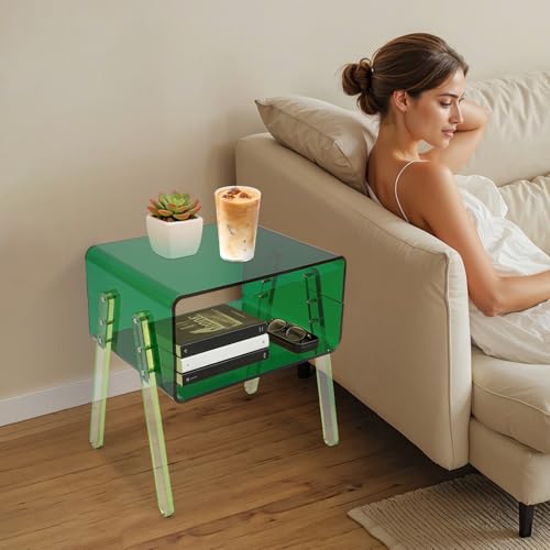 Acrylic Side Table, 2-Tier End Table with Open Storage for Small Spaces, Green Modern Nightstand for Bedroom, Living Room, Apartment - color: Green