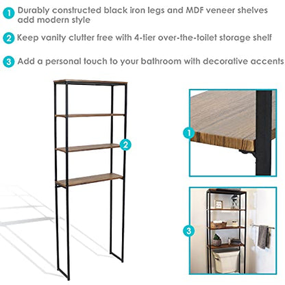 Sunnydaze 69-Inch 4-Tier Over-the-Toilet Shelf - Open Shelves, Veneer Finish and Black Iron Frame - Teak Color - color: Teak Finish
