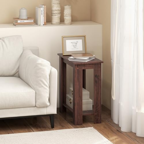 Giantex Narrow End Table Set of 2, 2-Tier Side Table with Open Storage Shelf, Retro Wood Sofa Table Bedside Tables for Small Spaces, Slim Nightstand for Living Room, Bedroom, Easy Assembly, Walnut - color: Walnut