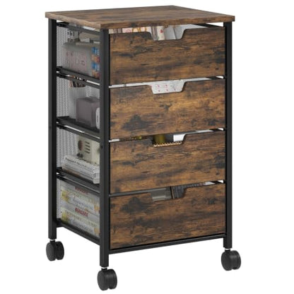 Rolling Cart with Drawers, Wooden Top and Front, with Wheels Metal Under Desk Storage Cart with 4 Drawers, for Office, Bedroom, Classroom, Home, Rustic Brown - color: Rustic Brown