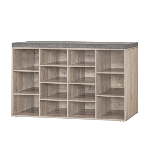 Shoe Storage Bench with Cushion, 14-Cubby Shoe Rack with Seat | 40.9" Entryway Shoe Organizer Bench, Adjustable Shelves for Boots, Removable Washable Cushion, Closet/Hallway/Bedroom, Greige - color: Greige, size: 14 Cubby