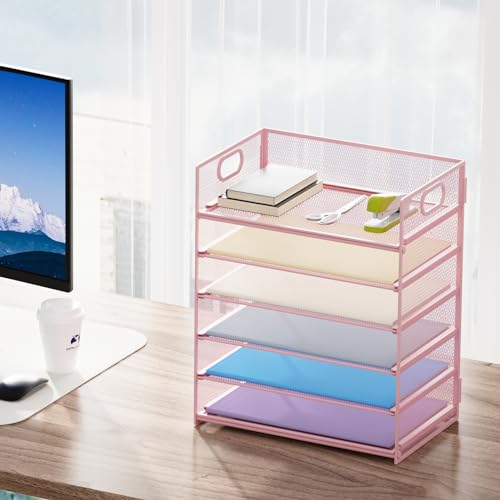 Marbrasse 2 Pack Desk Organizer with Handle, 6 Tier Paper Letter Tray, Mesh Desk File Organizer for Office, School and Home - Pink - color: 2 Pack 6 Tier - Pink