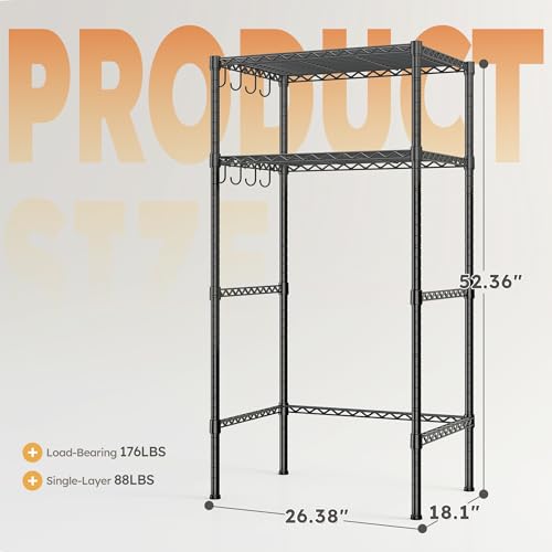 REIBII Mini Fridge Shelf with Storage, 2-Tier Adjustable Metal Shelving Unit with 8 Hooks,176 LBS Heavy Duty Organizer Rack for Dorm Room,Apartment, Kitchen and Office,52.36" H x 26.38" W x 18.1" D - size: 26.38Wx18.1Dx52.36H