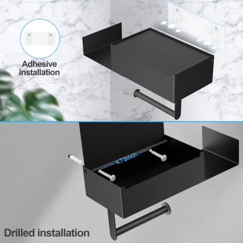 Toilet Paper Holder with Shelf, FUNLEU Self Adhesive Toilet Paper Holder with Storage, Wipe Holder for Bathroom Flushable Wipes Dispenser - Stainless Steel Toilet Holder Wall Mount, Matte Black - color: Black