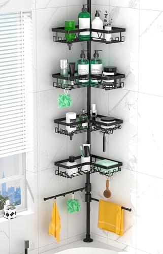 DAOYA Shower Caddy Tension Pole Corner with 4 Removable Baskets & 2 Towel Bar - Expandable Shower Caddy Corner Adjustable 25-114.2 Inches Upgraded Bath Organizer for Tub(Stainless Steel, Black) - color: Black-4