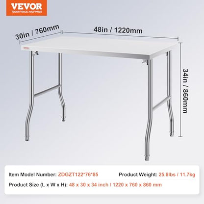 VEVOR Stainless Steel Foldable Work Table, 48 * 30 Inch Heavy Duty Food Outdoor Stainless Steel Worktable for Commercial Kitchen Restaurant - size: 48"*30" inch, style: Foldable
