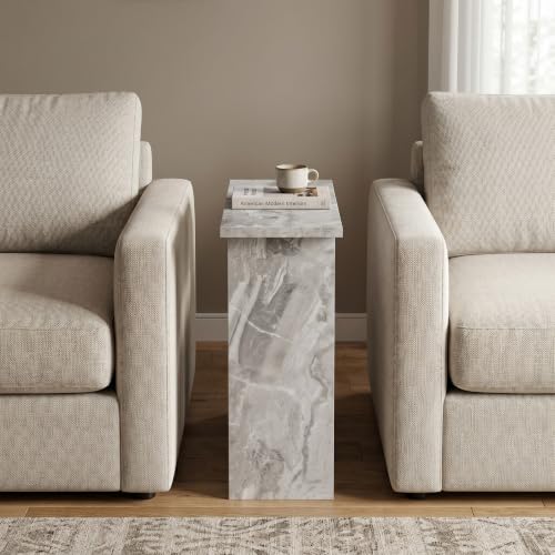 Narrow Side Table for Living Room, Slim End Table for Small Spaces Between Couch, Recliner or Armchair, 2 Tier Skinny Table with Open Shelf, Engineered Wood Sofa Beverage Thin Stand (White Marble) - color: White Marble