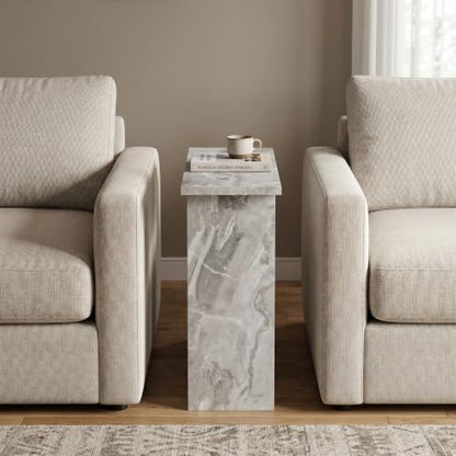 Narrow Side Table for Living Room, Slim End Table for Small Spaces Between Couch, Recliner or Armchair, 2 Tier Skinny Table with Open Shelf, Engineered Wood Sofa Beverage Thin Stand (White Marble) - color: White Marble