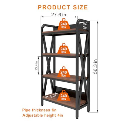 4-Tier Bakers Rack, 56" Kitchen Storage Shelf, Metal & Wood Open Shelving Unit for Pantry, Garage, Bathroom, Living Room - Adjustable Freestanding Organizer, Black Brown