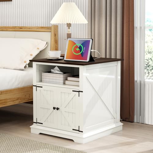 MUUEGM Farmhouse End Tables Living Room Set of 2, NightStand with Charging Station, Wooden Side Table with Adjustable Storage Shelf and Barn Door for Living Room, Bedroom, White, 2 Pack - color: White Set 2