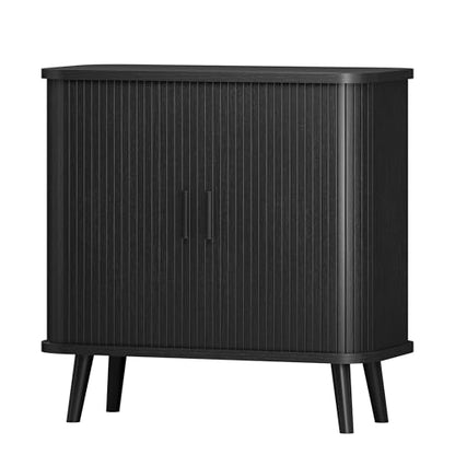 Sideboard Buffet Cabinet with Sliding Door, 31.5" Wide Fluted Modern Accent Storage Cabinet with Adjustable Shelves, Wood Coffee Bar Buffet Console Table for Kitchen, Dining Room, Living Room, Black - color: Black
