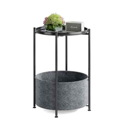 Small Round Side Table with Felt Storage Basket and Removable Tray | Accent Table, Metal End Table with Adjustable Feet, Side Table for Nursery, Bedroom, Living Room, Laundry Room, Black - color: Black